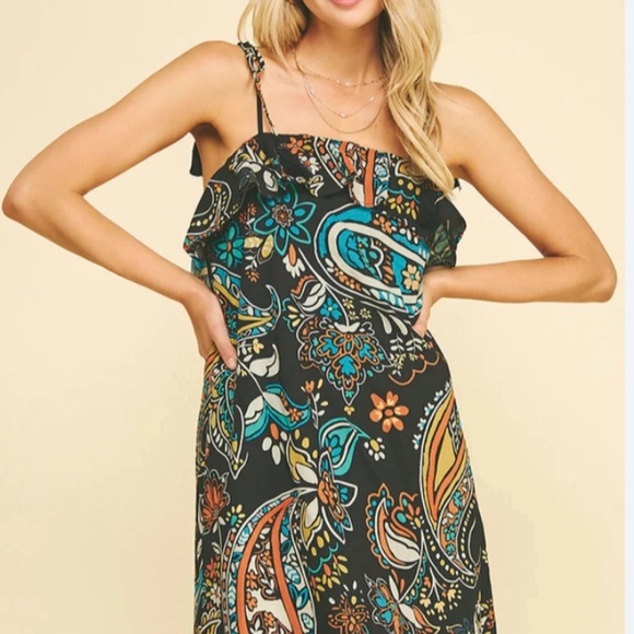 NWT AVARA Black Paisley Mini Dress with Turquoise & Orange Accents - ADORABLE!!! - Picture 2 of 4